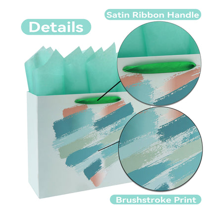 wishinside 13" Large Mint Green and Peach Gift Bag Set with Greeting Card and Tissue Papers for Valentines Day, Birthday Party, Wedding, Anniversary, Mother's Day, Brushstroke Heart Design, 1Pcs