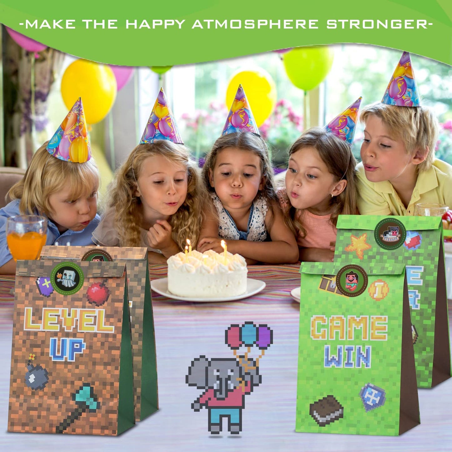 24 PCS Pixel Miner Party Favor Bags Pixel Themed Treat Goodie Bags for Birthday Party Supplies, Boys and Girls Pixelated Video Game Gift Candy Goody Bags for Mine Party or Birthday Party Decorations