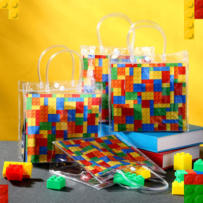 Teenyyou 24 Pcs Building Blocks Party Favors Bags Color Bricks PVC Clear Goodie Candy Treat Tote Gift Bags with Handles Building Blocks Theme Birthday Baby Shower Party Supplies