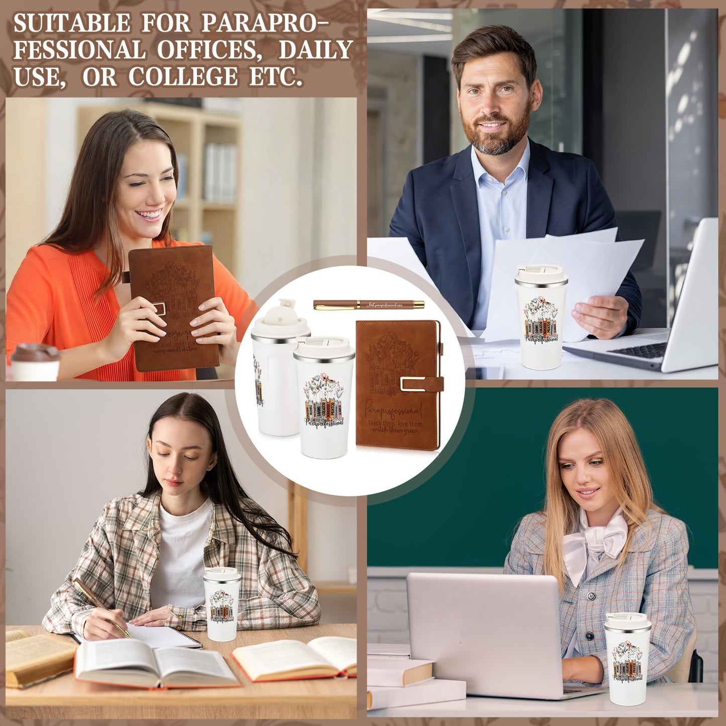Pickmesh 3 Pcs Paraprofessional Appreciation Gifts Set Paras Gift 17 oz Coffee Tumbler A5 Leather Notebook Journal Pen for Teacher Assistant Administrative Professional Day