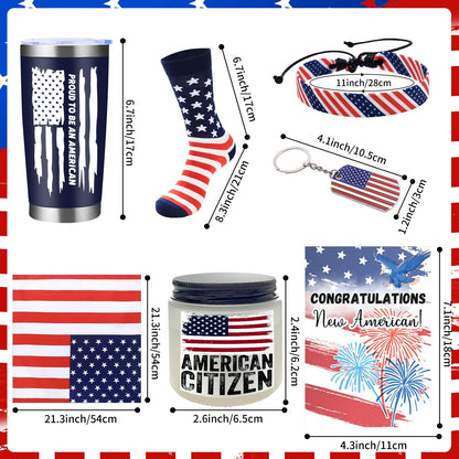 7 Pcs New US Citizenship Gift American Flag Gifts Set Include Water Bottle Wristband Handkerchief Keychain Socks Aromatherapy Card Patriotic Gift Box Congratulations Card for Foreigners Veterans