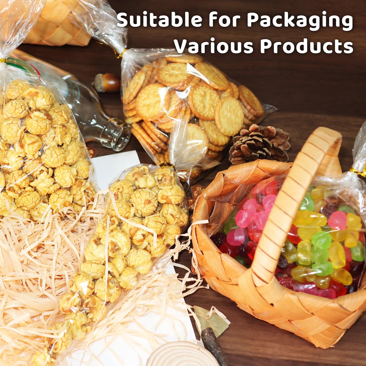 WIKDAY Clear Gift Bags 5 PCS 24x30 Inches Large Cellophane Wrap for Gift Baskets Wrapping Plastic with Ties for Gift Giving, Packaging Products
