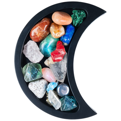 Crescent Moon Tray - Showcase Your Gems, Healing Stones & Treasures - 6"x3" Wooden Crystal Display Tray, Crystal Holder for Stones Display Shelf, Gemstone Rock Holder Charging Bowl, Black, S