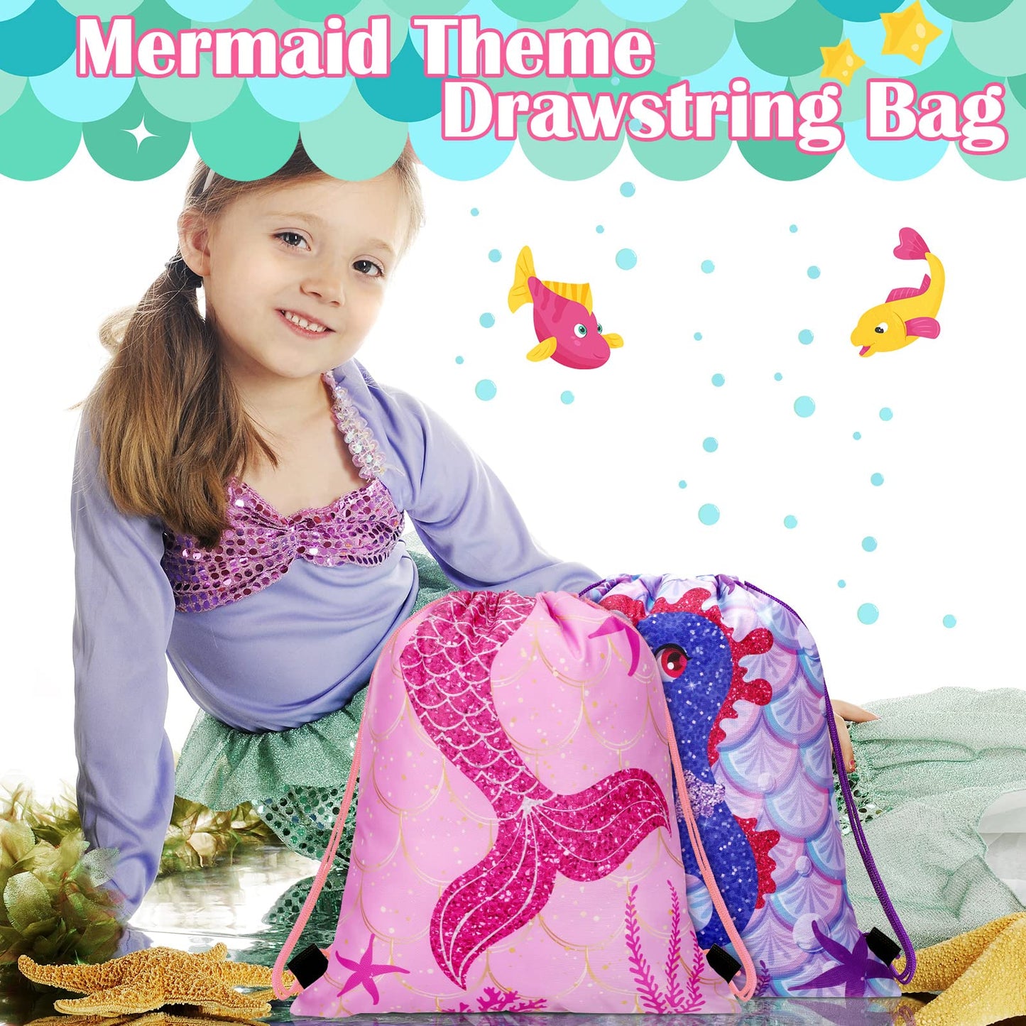 Shappy 24 Pack Drawstring Party Favors Bags Cartoon Animal Candy Goodie for Boys Birthday Kids Gift Return Girls Supplies(Mermaid)