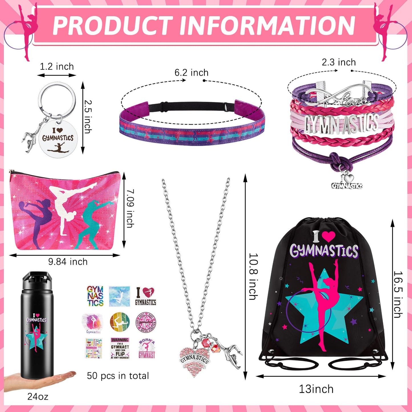 Kigeli Gymnastics Gifts for Girls Gymnastics Drawstring Bag Headband Bracelet Necklace Scrunchies Makeup Bag Vacuum Bottle Keychain 50 Pcs Waterproof Stickers Gymnast Party Favors