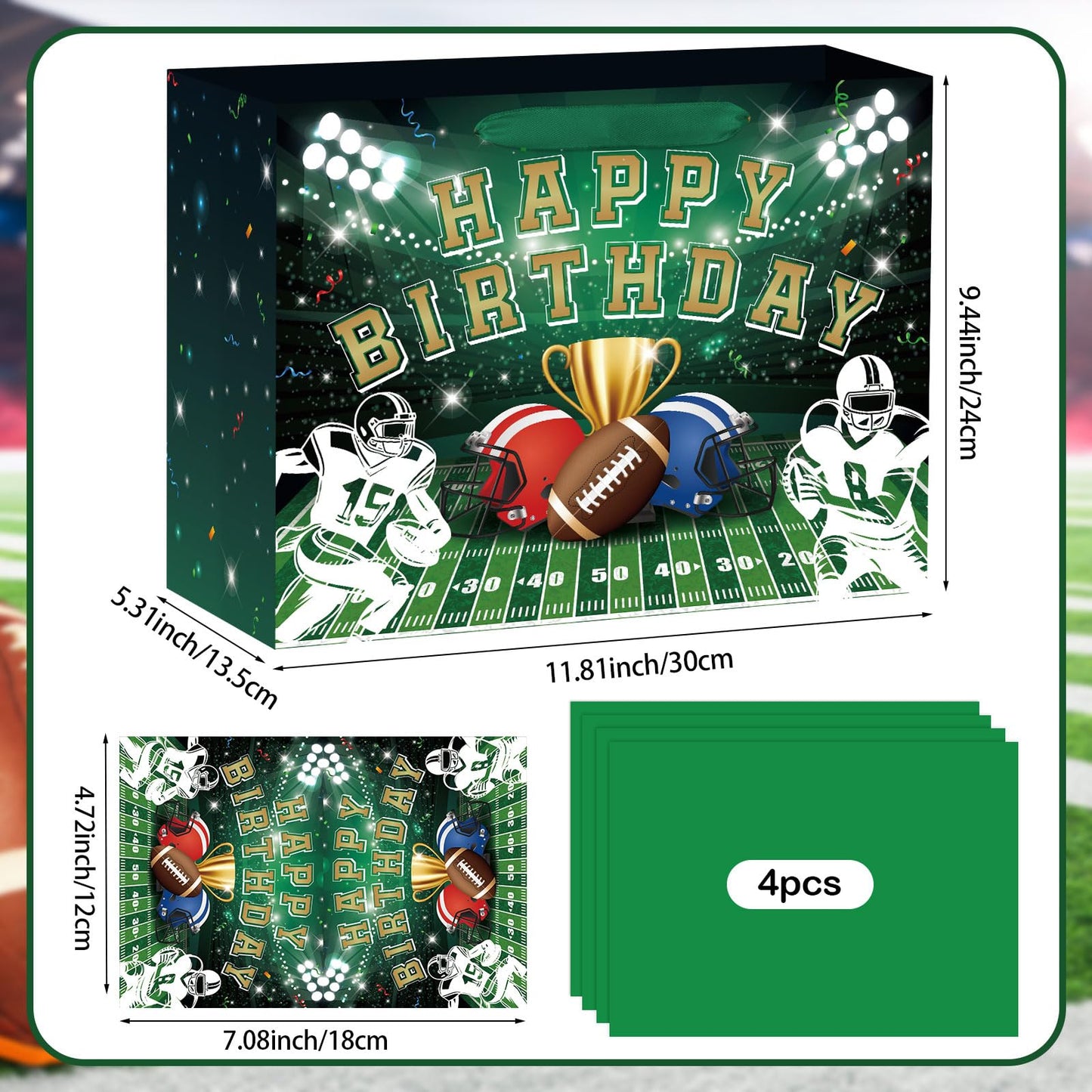 Hooqict Large Football Gift Bag with Handles, Tissue Paper and Greeting Card Football Birthday Party Gift Wrapping Bag for Boys Men Sport Themed Goodie Treat Party Favors