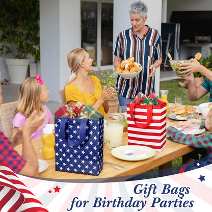 Yoojahow 24 Set Patriotic Gift Bags Bulk with Tissue Memorial Day American Flag 4th of July Red White Blue Tote Bags Non Woven Party Favors with Handle for Holiday Patriotic Birthday Supplies