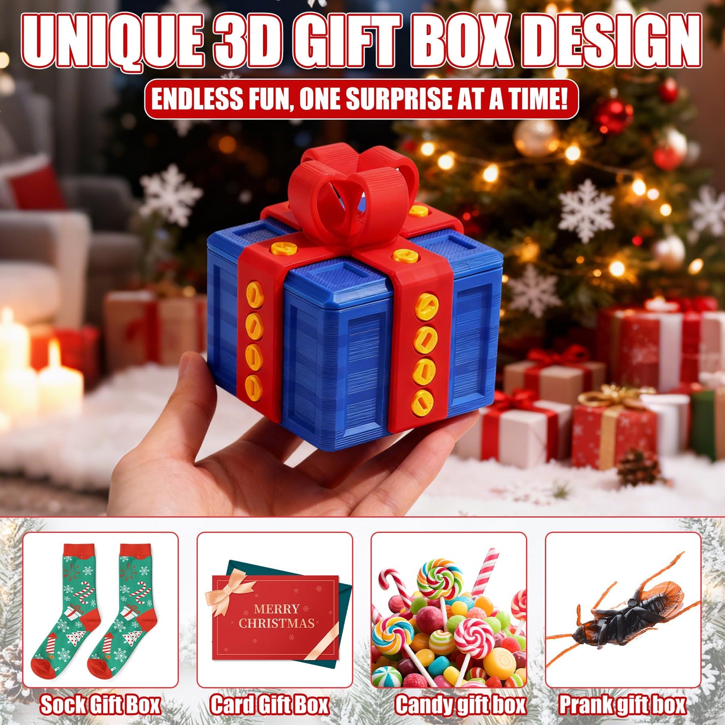 Prank Gift Box, 3D Printed Funny Gift Box, 8cm Really Prank Gifts Box with Screws, Surprise Novelty Gifts for Kids, Valentines Day Gifts Party Favors Festival (Blue Red)