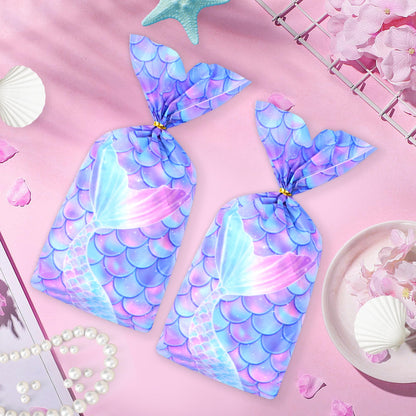 Mikzhskr Mermaid Party Favors - 30 Pcs Decorations, Cookie Goodie Candy Gift Bags, Little Mermaid Cellophane Treat Bags With 30 Pcs Gold Twist Ties for Birthday Party Supplies