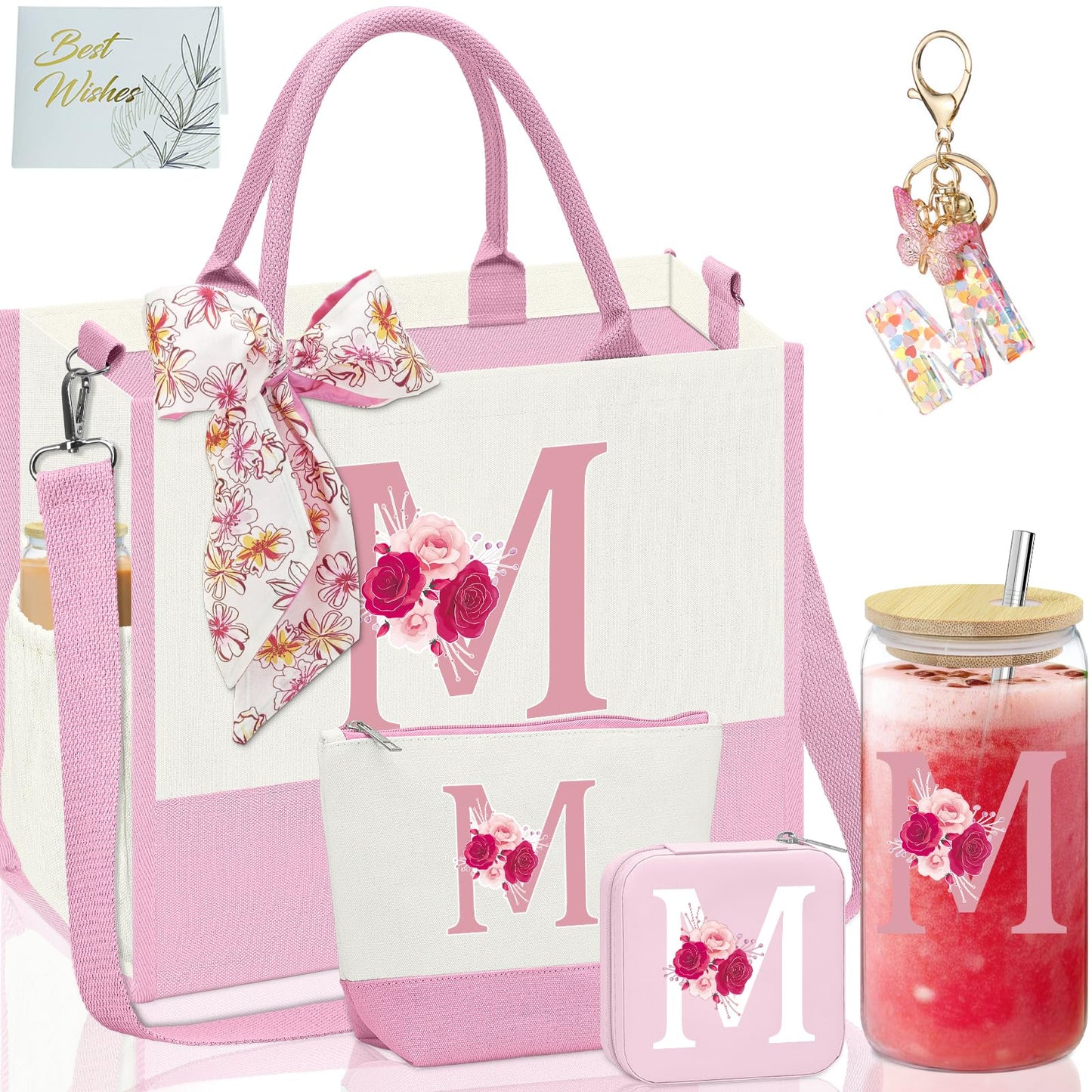 Mother's Day Gifts,Birthday Gift for Women,Initial Canvas Tote Bag,Personalized Gifts for Women,16oz Glass Cup With Straw,Jewelry Storage Box,Monogrammed Gift for Woman Mom Sister Bestie-M