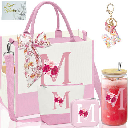 Mother's Day Gifts,Birthday Gift for Women,Initial Canvas Tote Bag,Personalized Gifts for Women,16oz Glass Cup With Straw,Jewelry Storage Box,Monogrammed Gift for Woman Mom Sister Bestie-M