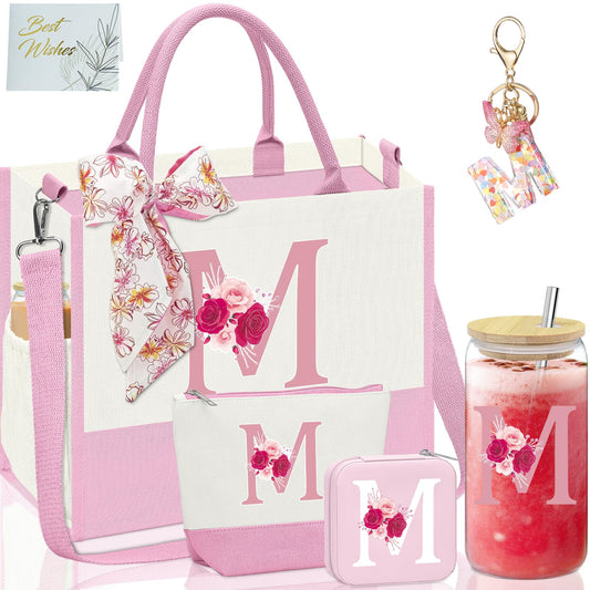 Mother's Day Gifts,Birthday Gift for Women,Initial Canvas Tote Bag,Personalized Gifts for Women,16oz Glass Cup With Straw,Jewelry Storage Box,Monogrammed Gift for Woman Mom Sister Bestie-M