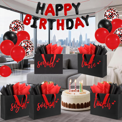 Addblu 5 Senses Gift Bags for Him with Labels Tissue Paper And Handles, 12.6"X8.7"X4" Includes Birthday Decoration Banner, Balloons, Rose Petals & Cards for Him or Her, Husband or Boyfriend (Black with red lettering)