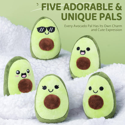 Emotional Support Plush Avocados, Squishy Stuffed Animals and Plushies Set, Includes 5 Emotional Support Food Plushies with Carrying Basket, Cute Stuff and Great Gifts for Women Men