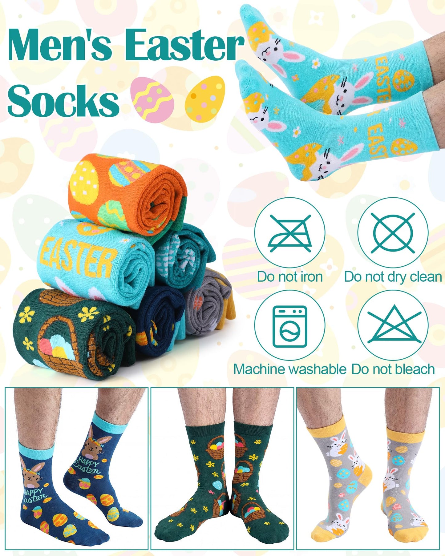 Eurzom 6 Pairs Funny Men's Easter Socks Bunny Eggs Pattern Crew Socks Spring Easter Basket Stuffers Gifts Size 7-12