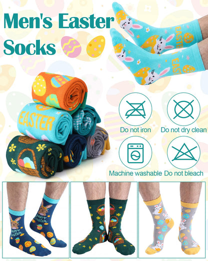 Eurzom 6 Pairs Funny Men's Easter Socks Bunny Eggs Pattern Crew Socks Spring Easter Basket Stuffers Gifts Size 7-12