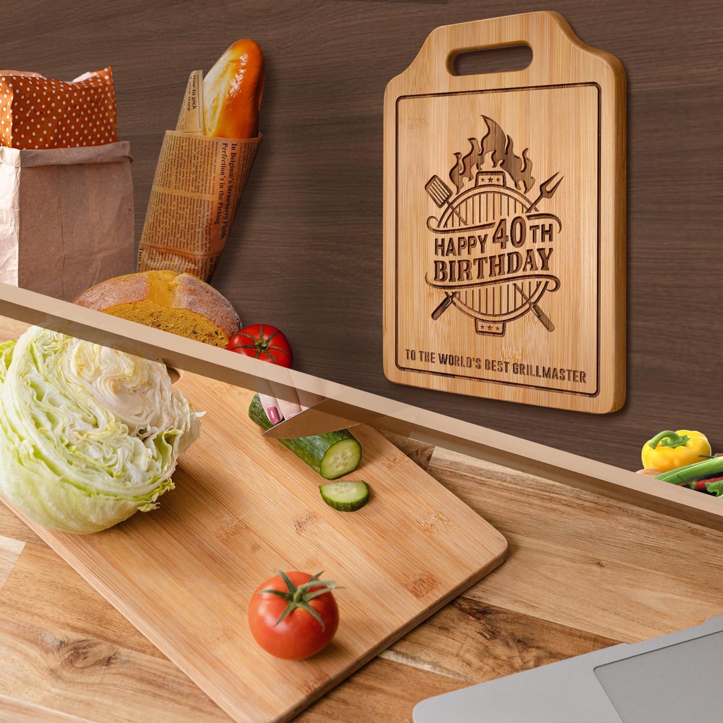 AceThrills 40Th Birthday Decorations for Men, 40Th Birthday Gifts Men - Engraved Bamboo Cutting Board 12.3"L X 8.7"W X 0.4"Th