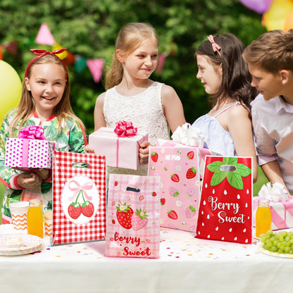 40Pcs Strawberry Goodie Bags,9.8x6.6Inch Red Plastic Strawberry Candy Party Favor Bags with Handles,Pink Bow Berry Sweet Gift Bags for Birthday,Baby Shower,Summer Themed Party Wedding Decor Supplies(40)