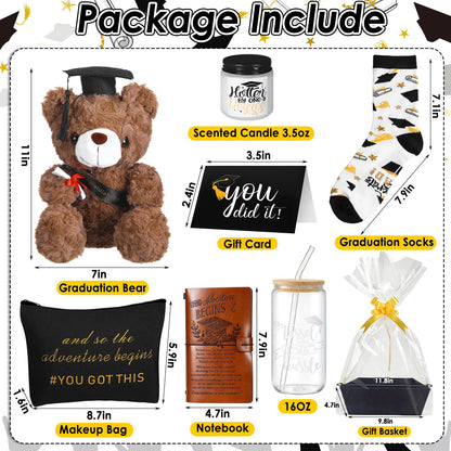 Baderke 8 Pcs 2026 Graduation Gifts Set for Her Congrats Grad Gift Basket Contents Plush Bear Notebook Glasses Cup Makeup Bag Scented Candle Socks Gift Card Graduated Favors for High School College