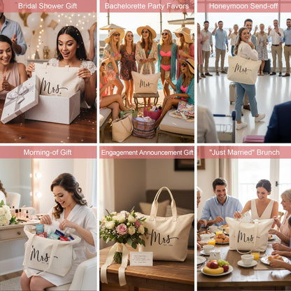 CARAKNOTS Mrs Tote Bag for Bride 2026 – Large Natural Canvas Wedding Tote with Zipper & Pocket, Future Mrs & Bride to Be Gifts for Bridal Shower, Engagement, Bachelorette Party, Honeymoon Beach Bag