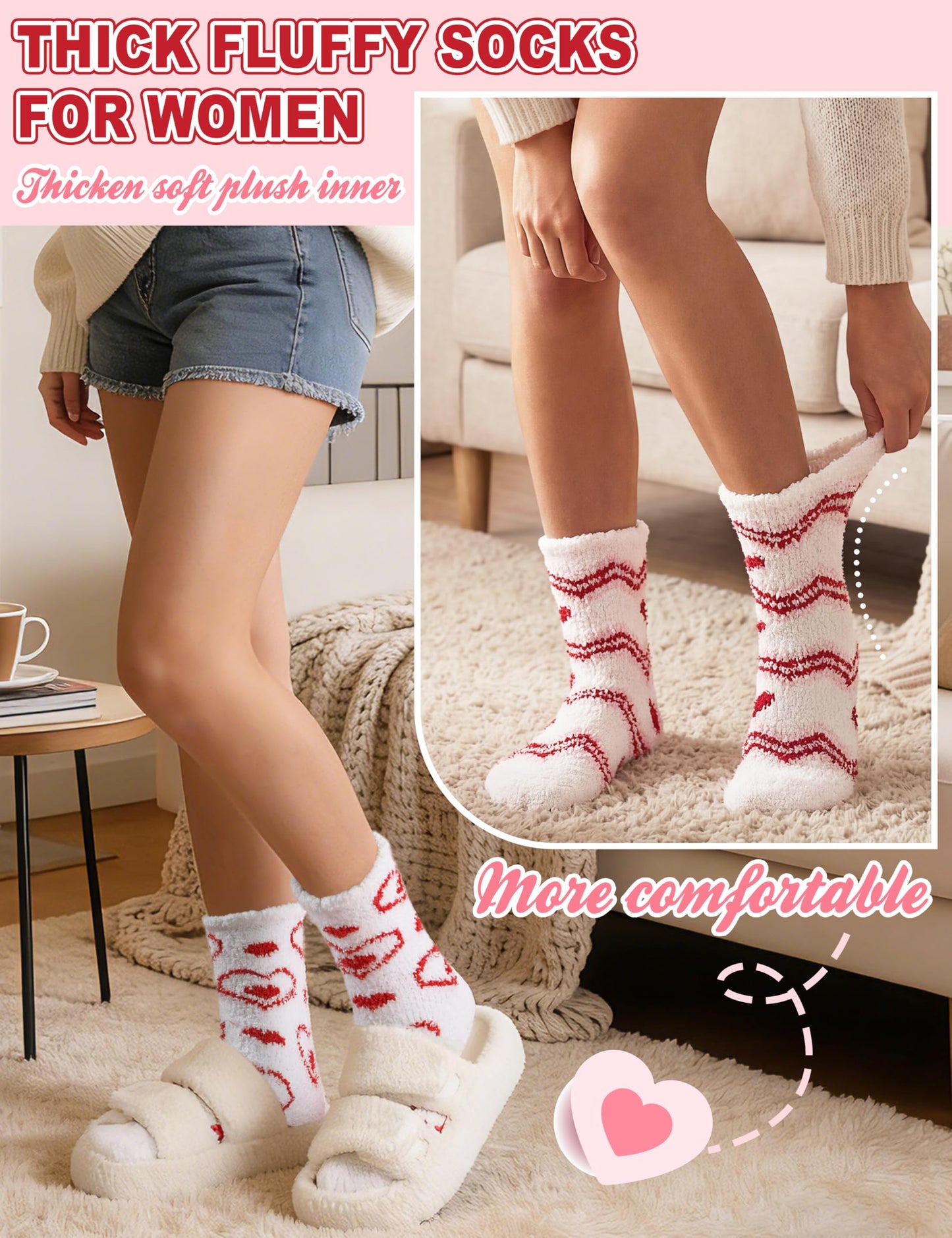 Womens Fuzzy Socks Warm Fluffy Cozy Winter Slipper Thick Fleece Heart Socks 5 Pairs