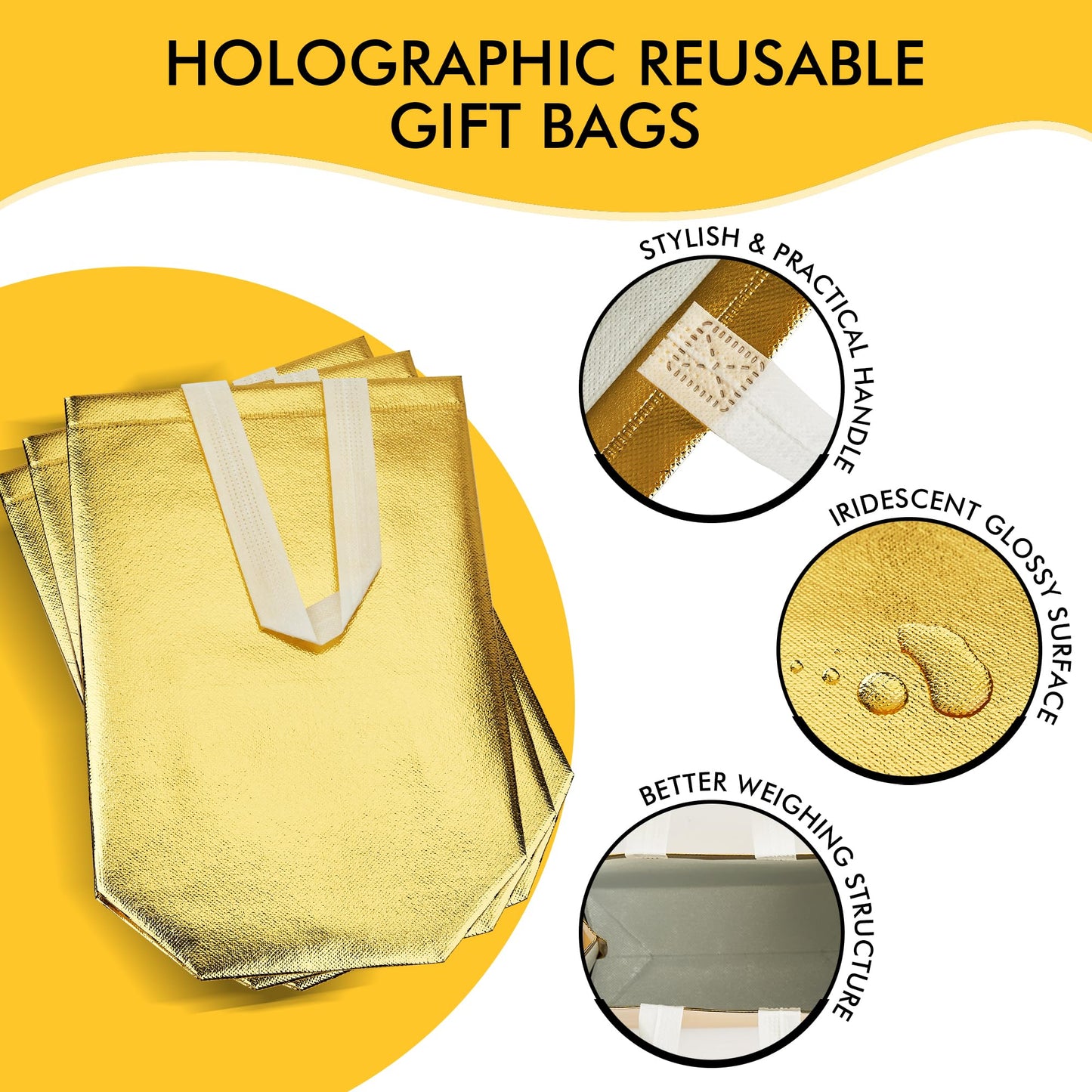 RACETOP 100 Pcs Gold Reusable Gift Bags Medium Size, 8x4x10 Inch Gold Gift Bags with Handles & Sturdy Base, Ideal for Birthday, Wedding, Bachelorette, Party Favors, Holiday Goodie