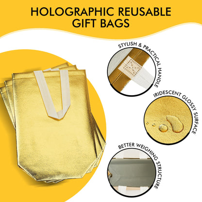 RACETOP 100 Pcs Gold Reusable Gift Bags Medium Size, 8x4x10 Inch Gold Gift Bags with Handles & Sturdy Base, Ideal for Birthday, Wedding, Bachelorette, Party Favors, Holiday Goodie