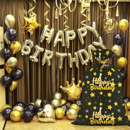 Extra Large Birthday Plastic Gift Bags Boys Black and Gold 36x56 Inch Jumbo Black Gift Bag XL Happy Birthday Themed Kids Women Men Party Favors Decorations Golden Star