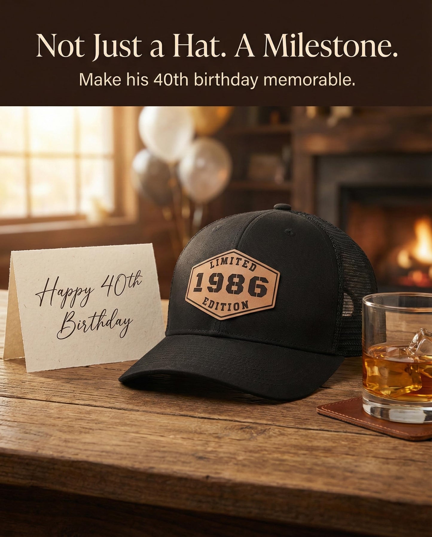 40th Birthday Gifts for Men - 40th Birthday Decorations for Men, Adjustable Trucker Hat with Leather Patch