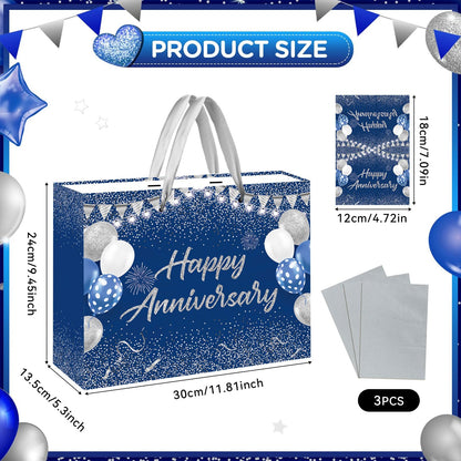 Blue Silver Party Gift Bag with Tissue Papers and Card, Wedding Paper Gift Wrapping Paper Bag11.8'' for Men Women Anniversary Party, Wedding Party Supplies