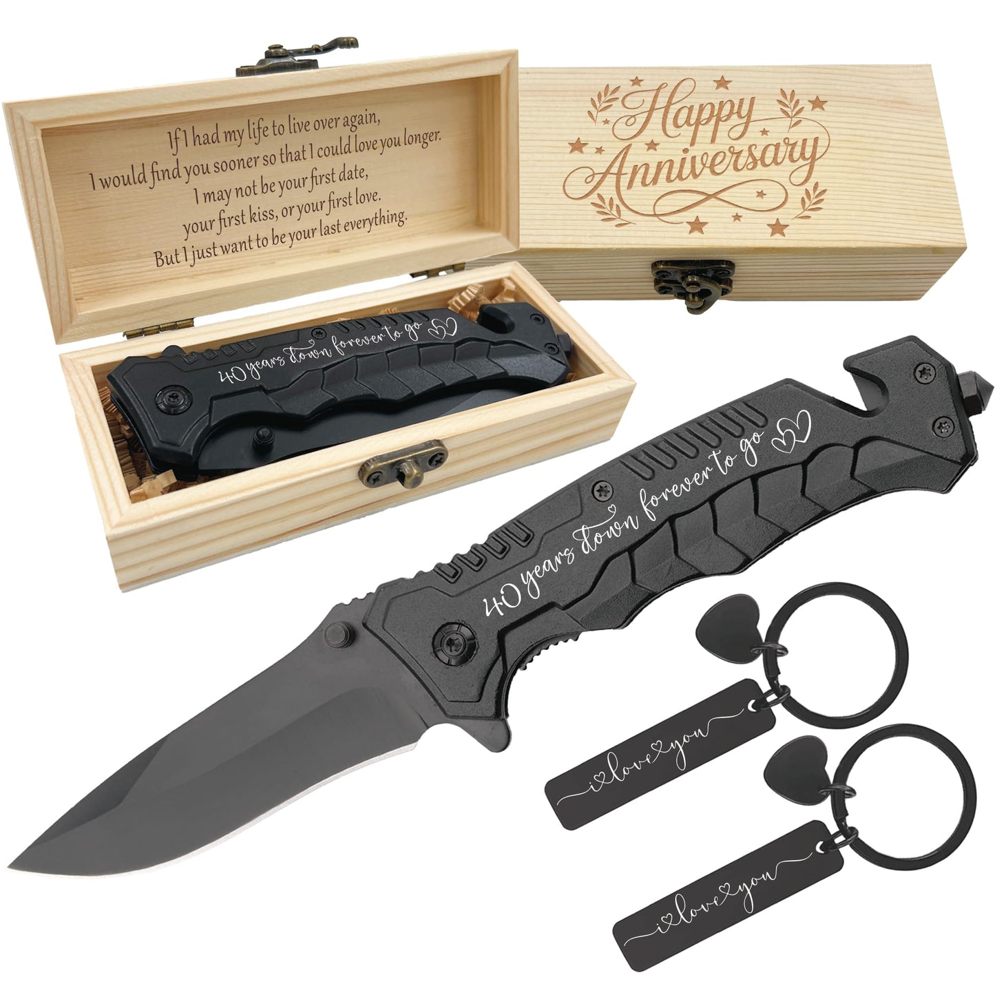 40 Years Wedding Anniversary Keepsake Him, 40th Ruby Anniversary Present for Husband, 40 Years Marriage Men Gift Idea, Engraved Pocket Knife with Wood Box, Hunting, Camping, Fishing, Folding Knives