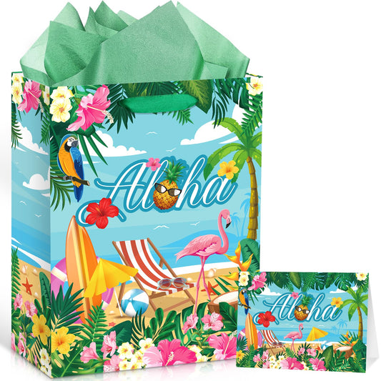 Summer Hawaiian Gift Bag, Aloha Beach Birthday Wrapping Paper Bag with Card Tissue Paper Tropical Luau Gift Bag for Retirement Weddings Bridal Showers Baby Showers Hawaii Party Decorations Supplies