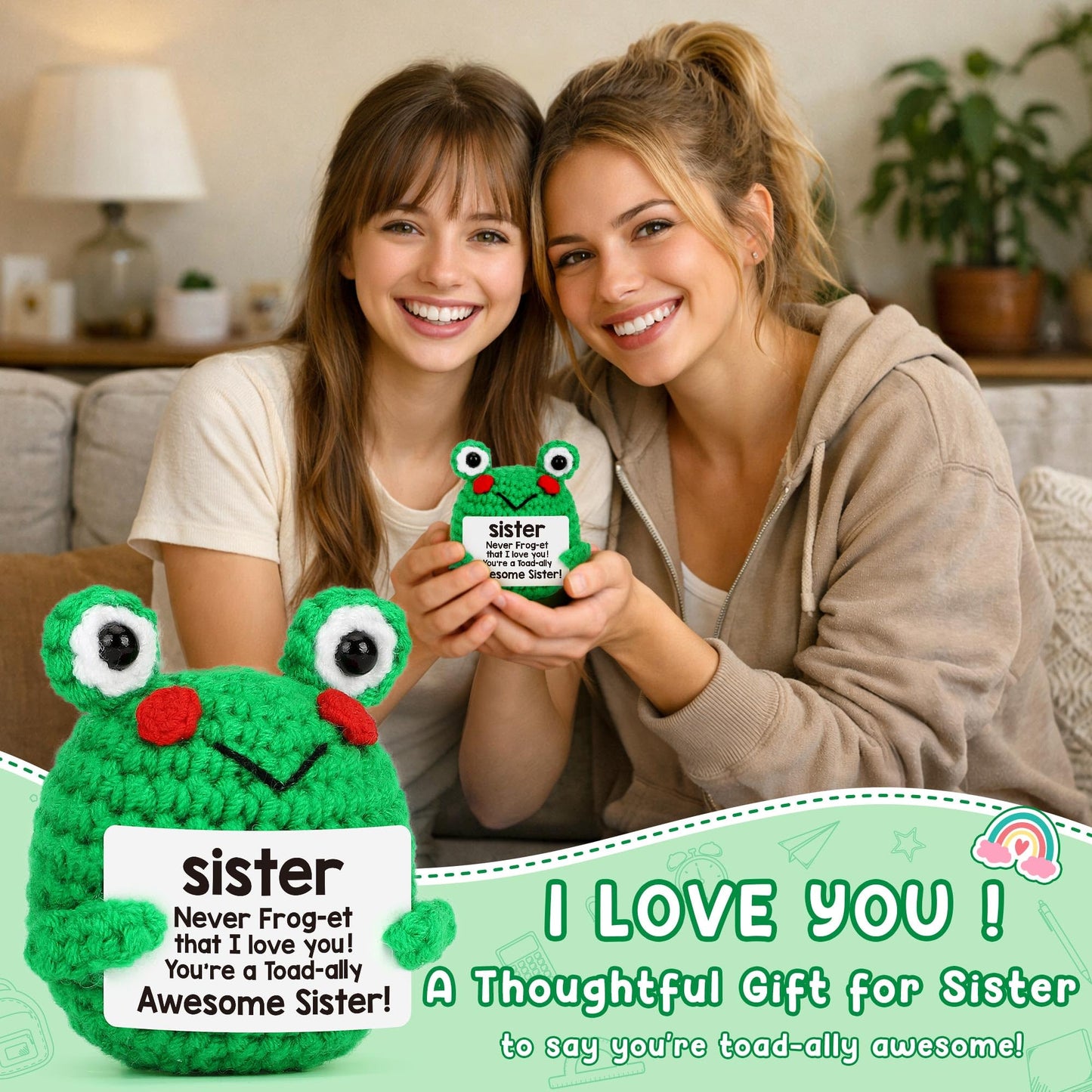 Sister Gifts for Mothers Day, Mother's Day Birthday Gift for Sisters from Brother, Soul Sisters Friend Gifts for Women Teen Girls Graduation Gift for Her, Mini Crochet Frog Affirmation Support Present