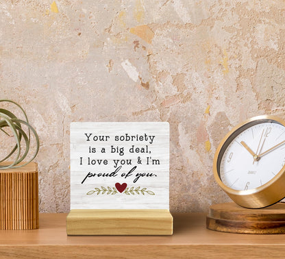 QASHWEY Sobriety Gifts for Women Men - Your Sobriety is a Big Deal Wood Plaque Sign Desk Decor, Encouraging Gifts, Recovery Gift,Motivational Wood Plaque Sign Desk Decor with Wooden Stand for Home