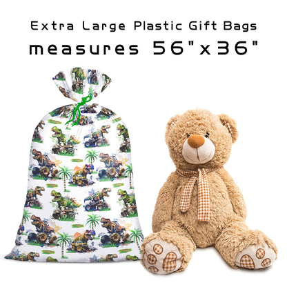 Loveinside Jumbo Large Plastic Gift Bag, Dinosaur with Tropical Monster Truck Design Design Plastic Bag with Tag and Tie for Boys' Birthday Party Gifts and Celebration - 56" x 36", 1 Pcs