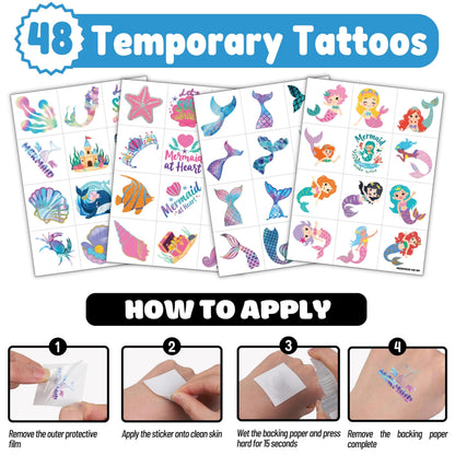72 PCS Mermaid Party Favors – 48 Pre-Cut Temporary Tattoos & 24 Mermaid Ocean Punch Balloons Themed Birthday Party Decorations Supplies Favors Gifts Goodie Bag Fillers Classroom Rewards for Boys Girls