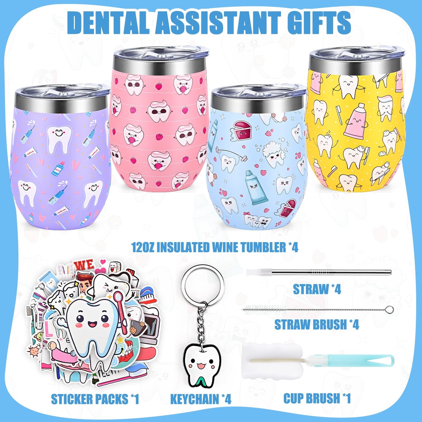 Lifecapido 9Pcs Dental Hygienist Gifts, Dental Assistant Appreciation Gifts Bulk for Coworkers, 12oz Wine Tumbler with Lid & Straw, Tooth Keychains, Stickers for Appreciation Week(Multicolor)
