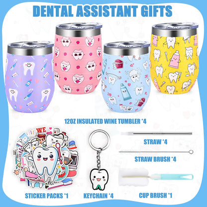 Lifecapido 9Pcs Dental Hygienist Gifts, Dental Assistant Appreciation Gifts Bulk for Coworkers, 12oz Wine Tumbler with Lid & Straw, Tooth Keychains, Stickers for Appreciation Week(Multicolor)