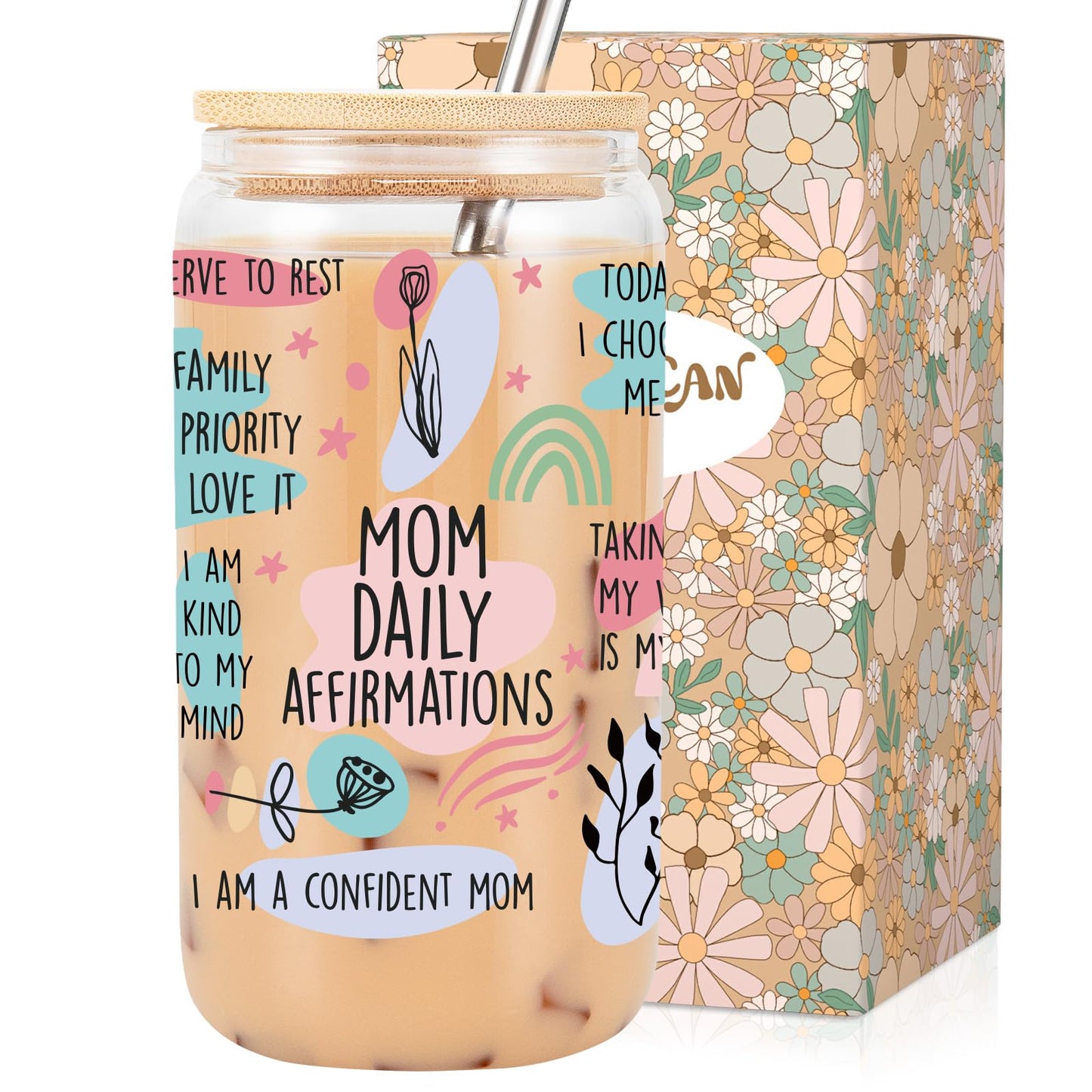 LEADO Mama Daily Affirmations Cup, Boy Mom Gifts - Funny Birthday, Inspirational, Mothers Day Gifts for Boy Mom, Mother, Girl Mama - Mommy Tumbler, 16 oz Iced Coffee Cup with Lid and Straw