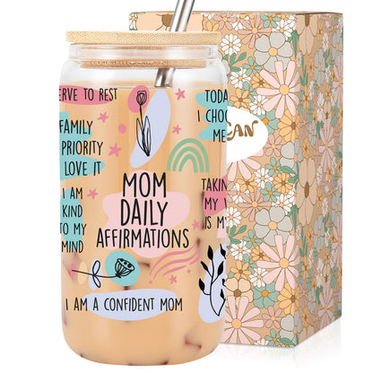 LEADO Mama Daily Affirmations Cup, Boy Mom Gifts - Funny Birthday, Inspirational, Mothers Day Gifts for Boy Mom, Mother, Girl Mama - Mommy Tumbler, 16 oz Iced Coffee Cup with Lid and Straw