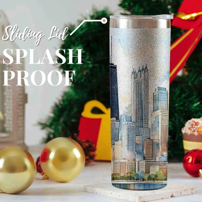 Onebttl Chicago City Skyline Gifts for Chicago Lovers, Skyline Map 20oz Stainless Steel Tumblers with Lids and Straws, Perfect for Birthday & Christmas