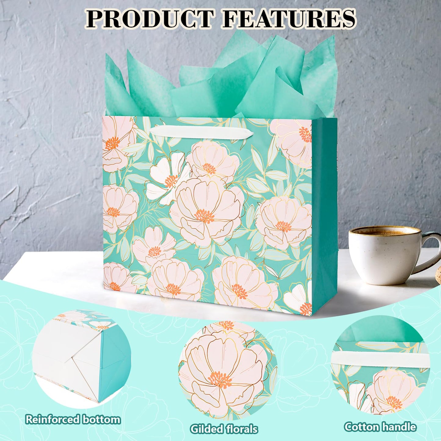 Miakutho 13" Large Gift Bag with Tissue Paper and Card (Floral Design, Gold Foil Accents), 2 Pack Paper Bags with Ribbon Handle for Girls & Women, Birthdays, Baby Shower, Weddings