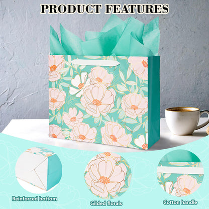 Miakutho 13" Large Gift Bag with Tissue Paper and Card (Floral Design, Gold Foil Accents), 2 Pack Paper Bags with Ribbon Handle for Girls & Women, Birthdays, Baby Shower, Weddings