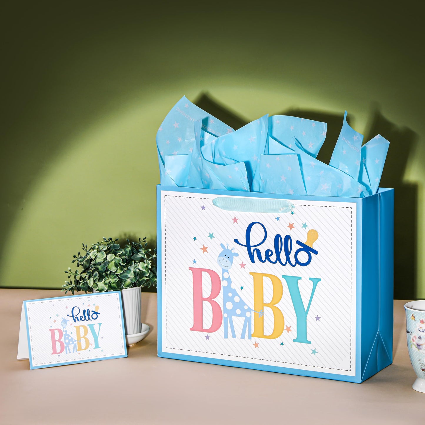 ROSYJUNE 13" Large Baby Gift Bag with Tissue Paper and Greeting Card for Baby Shower, Birthday