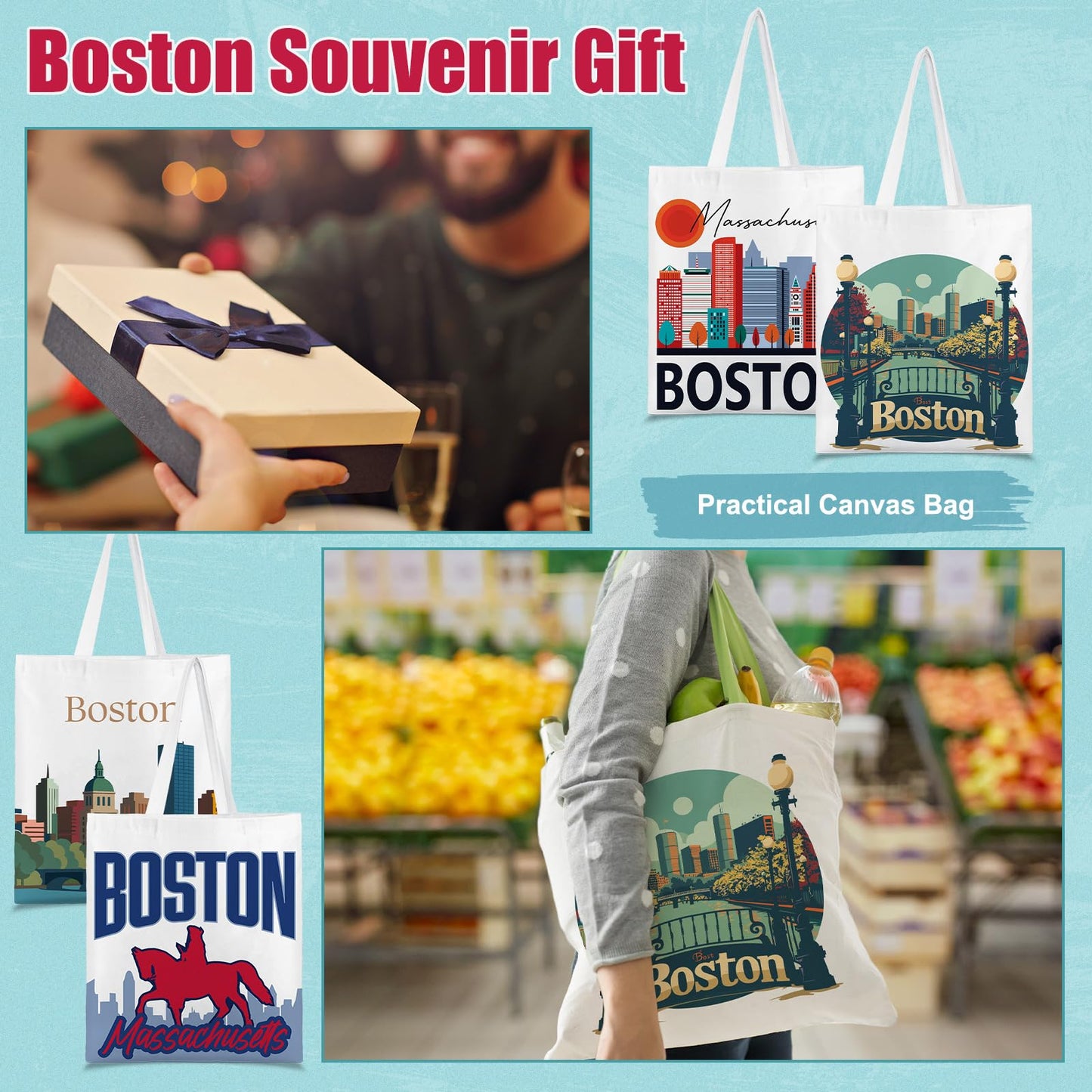 Paterr 6 Pcs Boston Souvenir Gifts Tote Bags Grocery Shopping City Themed Bag Canvas Tote City Travel Souvenirs Gifts for Women