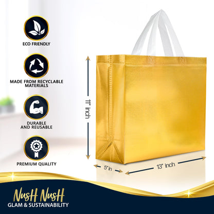 Nush Nush Large Gold Reusable Gift Bags With Handles - Set of 15, Bulk, Christmas, Birthday, Party Favor Bags - 13Wx5Dx11H