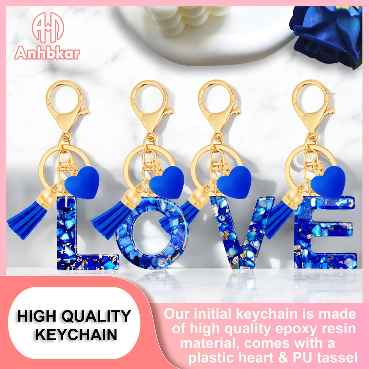 Initial Keychains for Women with Cute Heart Resin - Alphabet Letter Keychain for Bag, Backpacks, Purse or Car key