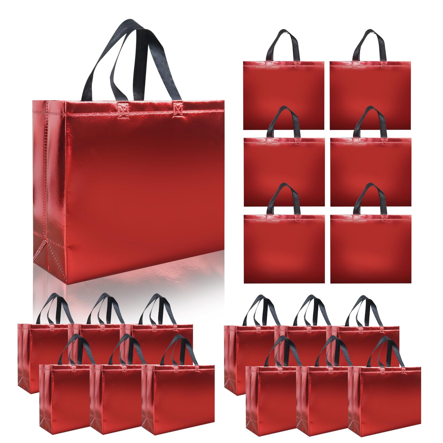 cabzymx 15 Pcs Glossy Red Reusable Gift Bags with Handles, 12.6 x 4.7 x 11 In Party Bags with Sturdy Base, Holiday Goodie Bag Bulk for Birthday, Wedding, Party, Xmas