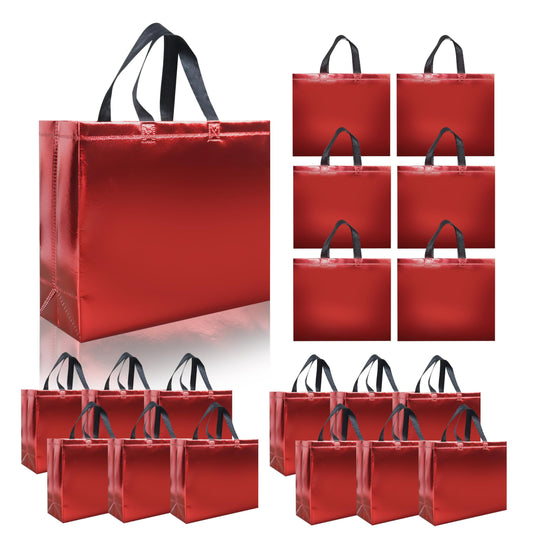 cabzymx 15 Pcs Glossy Red Reusable Gift Bags with Handles, 12.6 x 4.7 x 11 In Party Bags with Sturdy Base, Holiday Goodie Bag Bulk for Birthday, Wedding, Party, Xmas