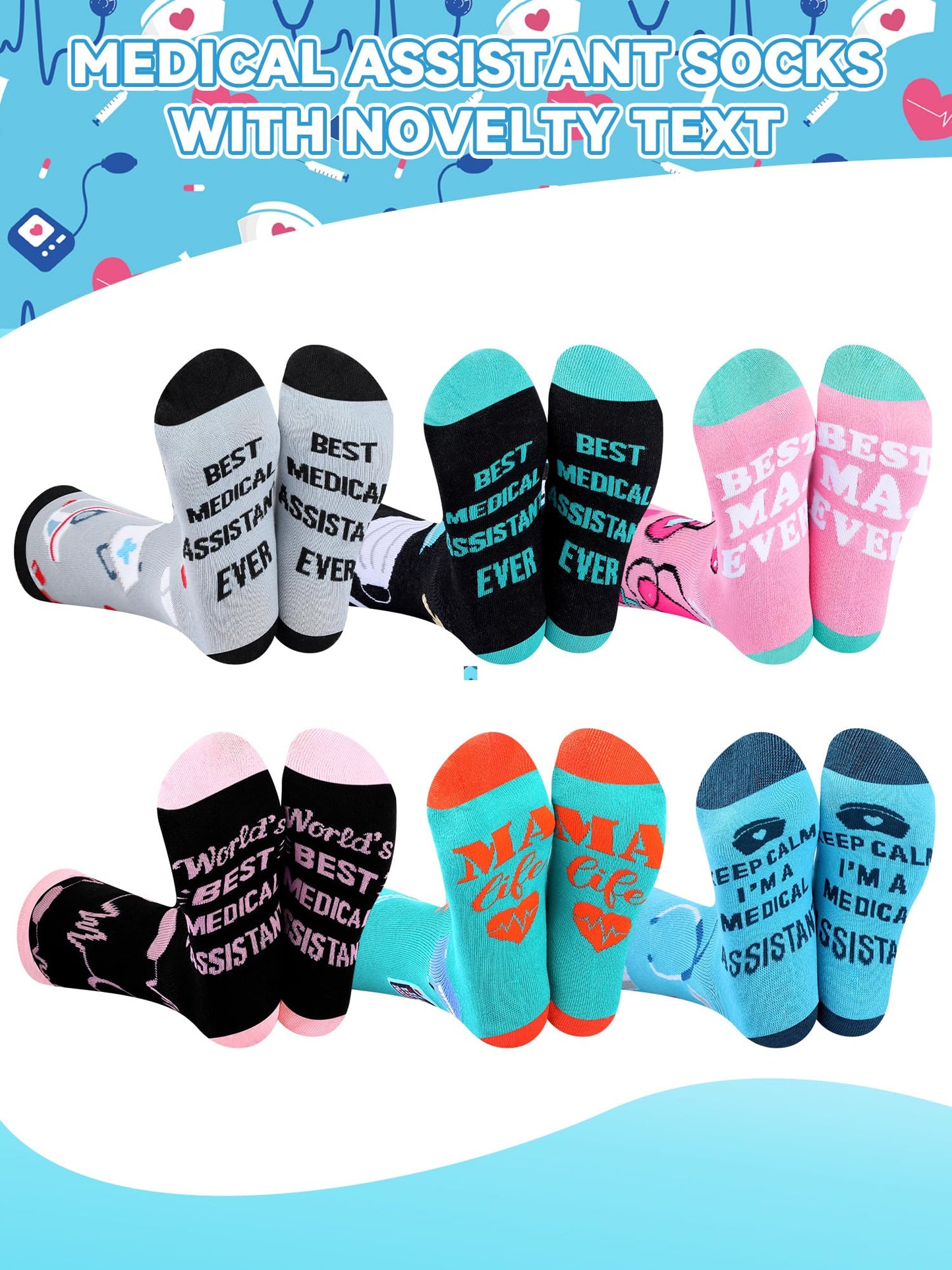 6 Pairs Medical Assistant Socks for Women Men Novelty MA Crew Socks Nurse Week MA Appreciation Gifts for Medical Assistant Healthcare Workers